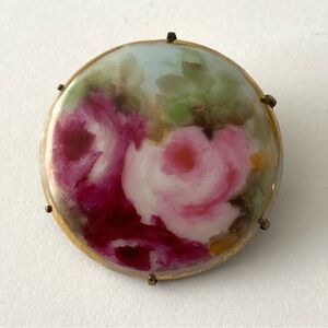Antique Victorian hand painted roses on porcelain brooch pin back